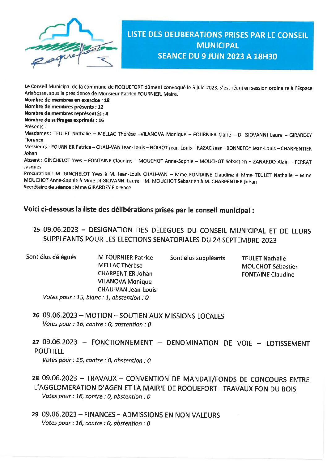 Liste des délibérations prises lors du conseil municipal du 09 juin 2023