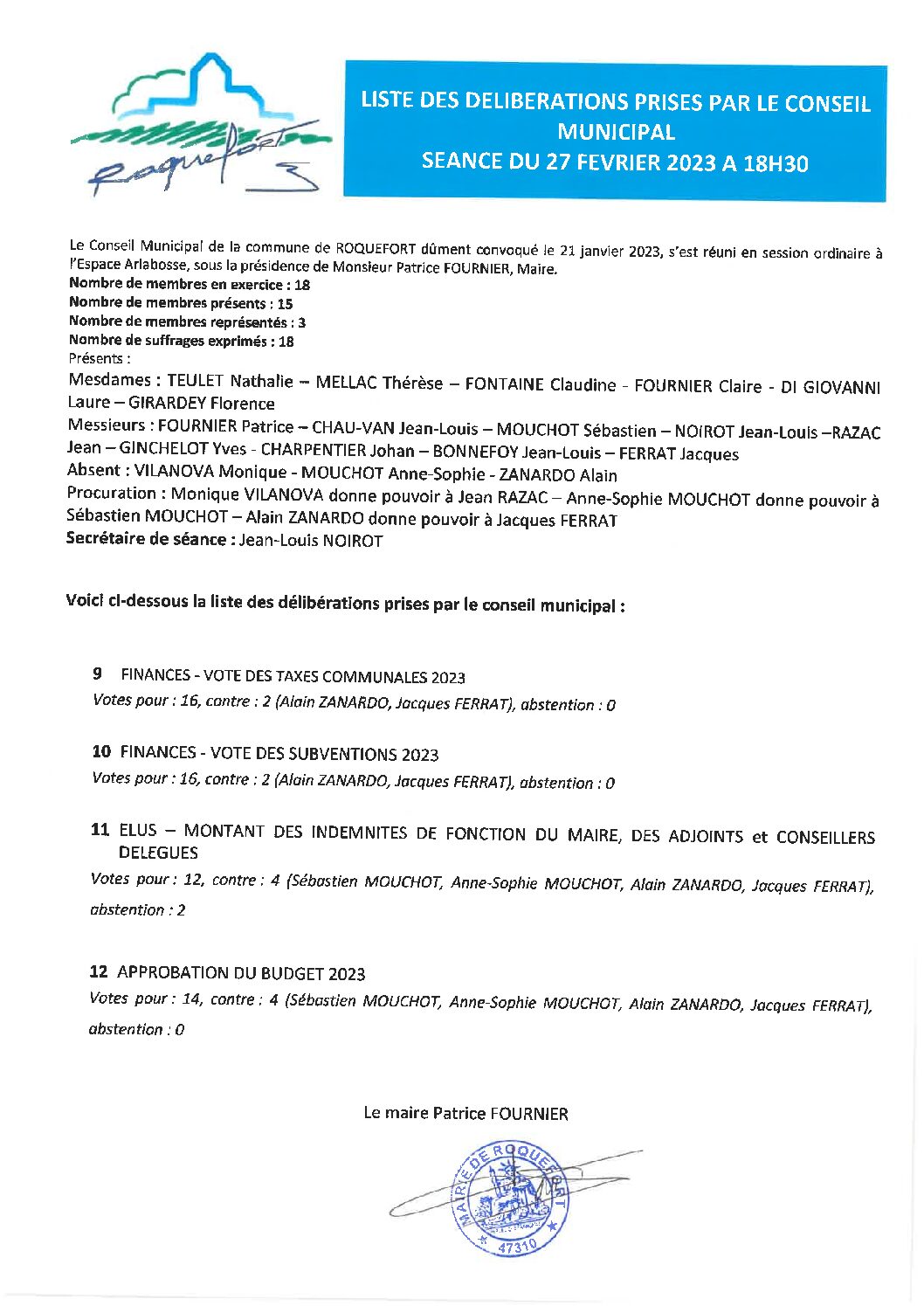 Liste des délibérations prises lors du conseil municipal du 27 février 2023