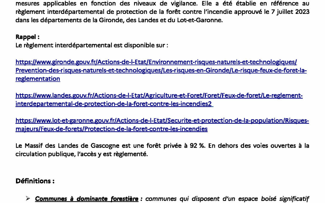 Règlementation de protection de la forêt contre les incendies dans le Massif des Landes de Gascogne