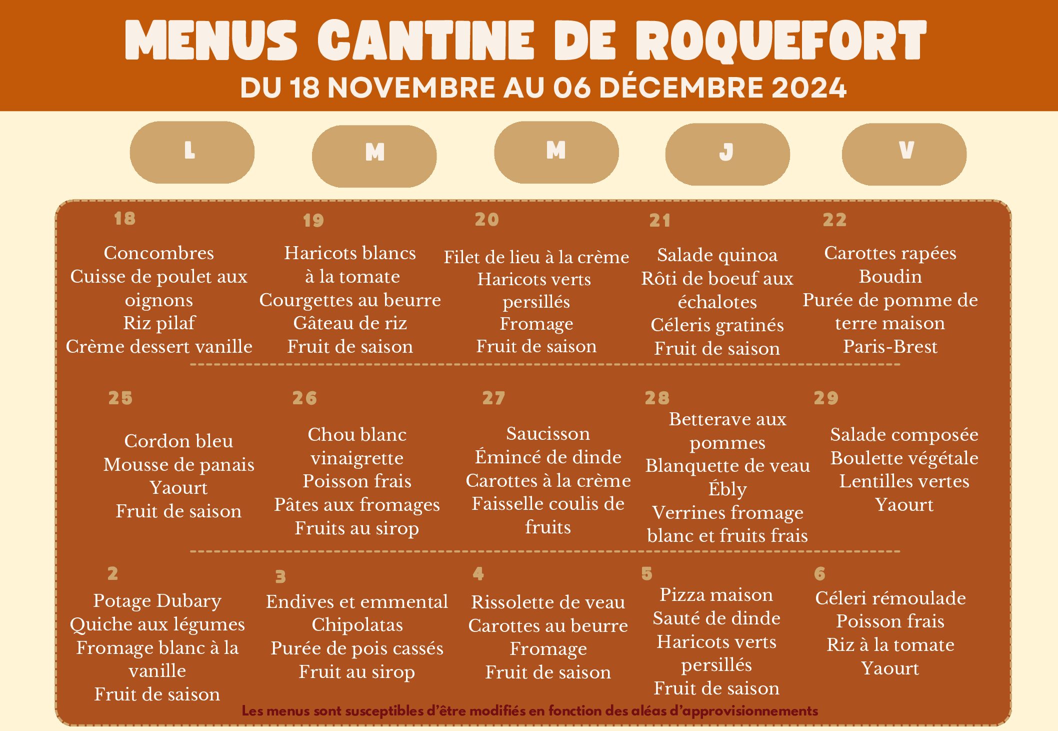 MENU DE LA CANTINE DU 18 NOVEMBRE AU 6 DECEMBRE 2024