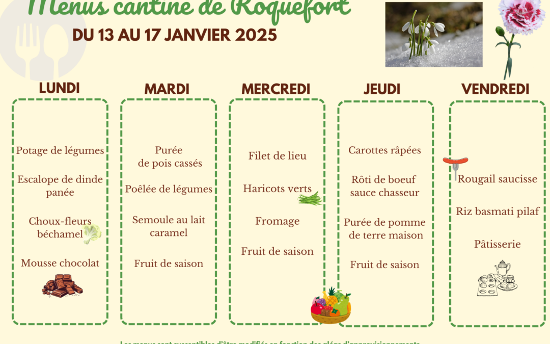 MENUS DE LA CANTINE DU 13 AU 17 JANVIER 2025