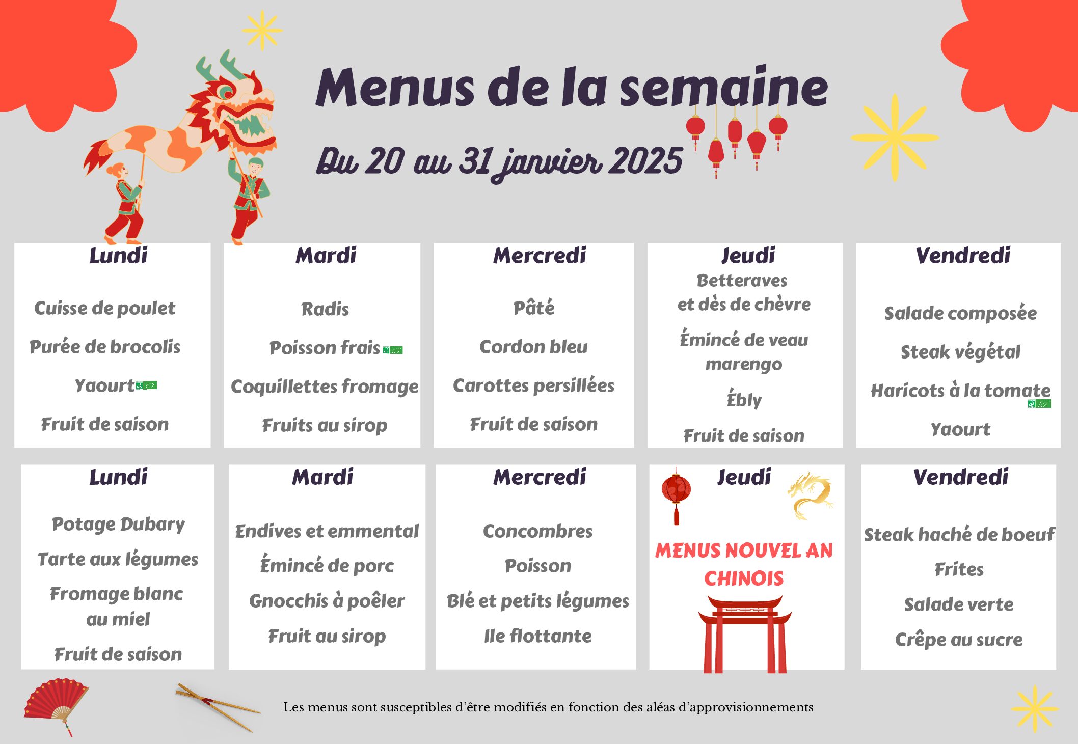 MENUS DE LA CANTINE DU 20 AU 24 JANVIER 2025