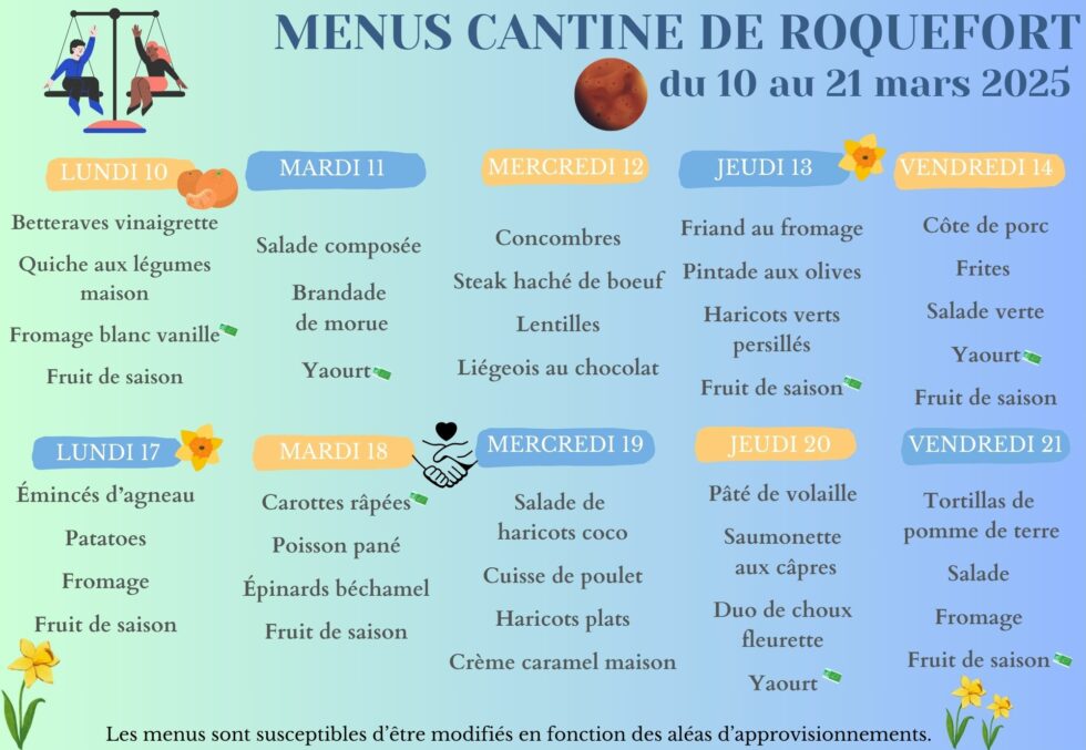 MENUS DE LA CANTINE DU 10 AU 21 MARS 2025 - Mairie Roquefort