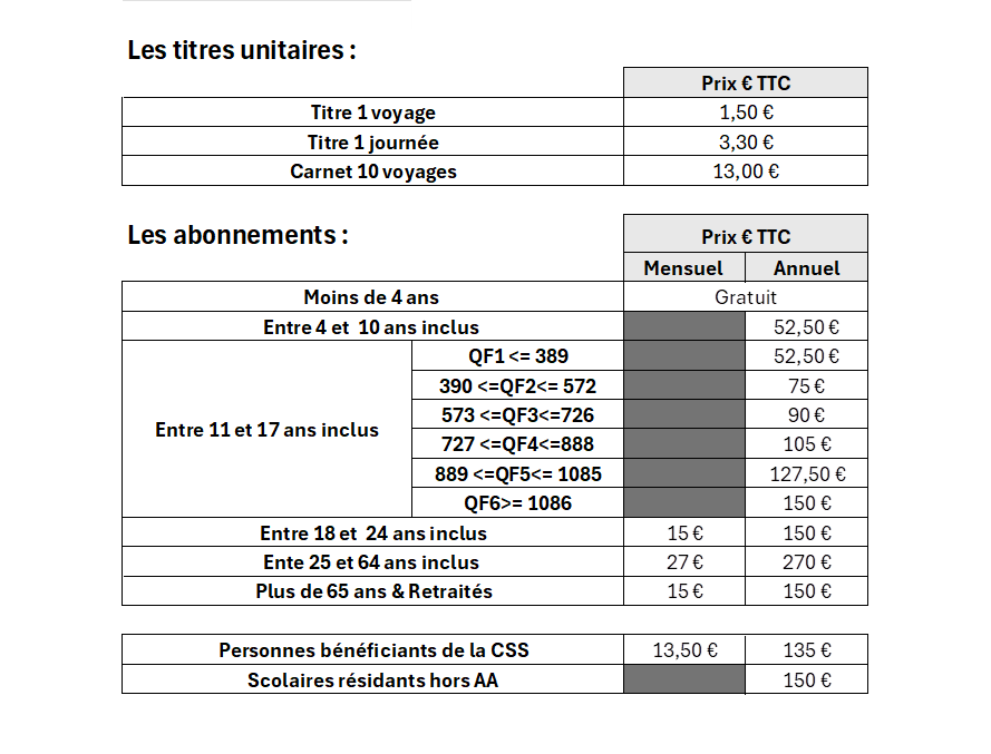 grille tarifaire