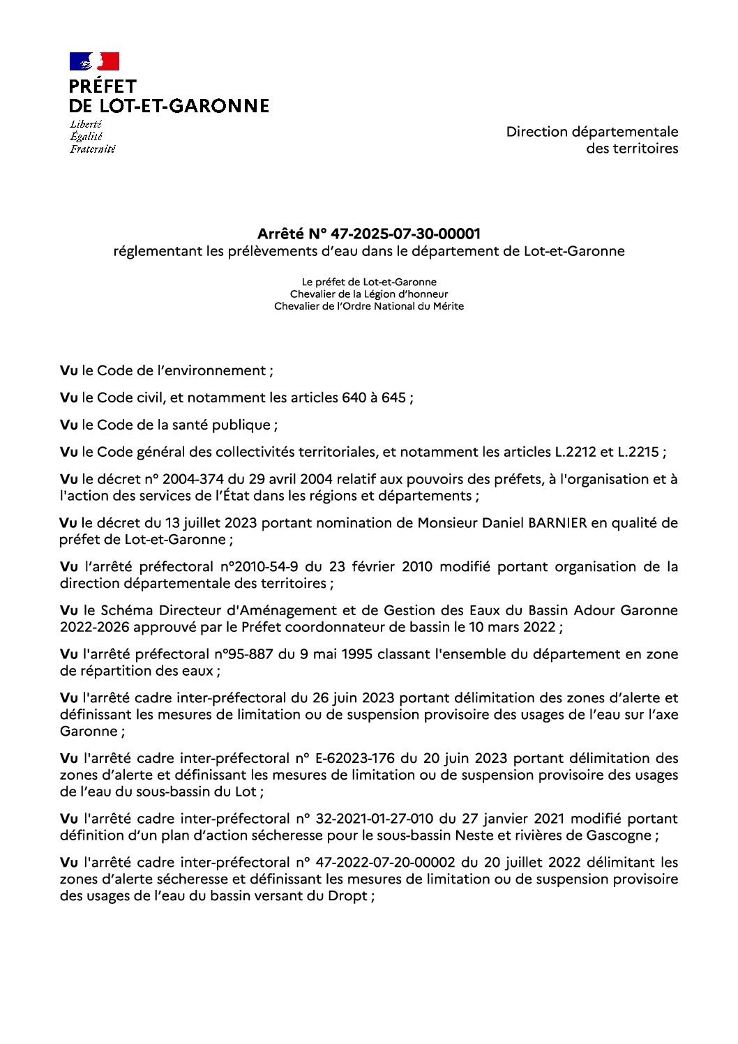 Arrêté préfectoral °47-2025-07-30-00001