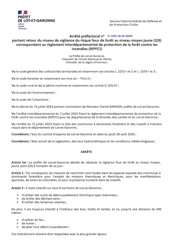 AP portant retour au niveau jaune de la vigilance FDF 280825