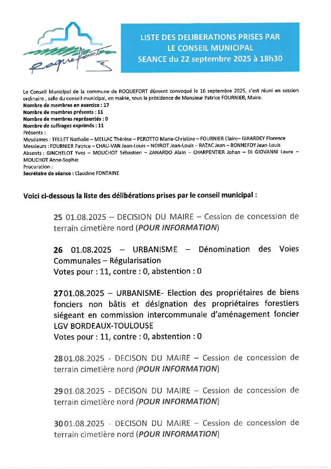 Liste des délibérations prises du 22-09-2025