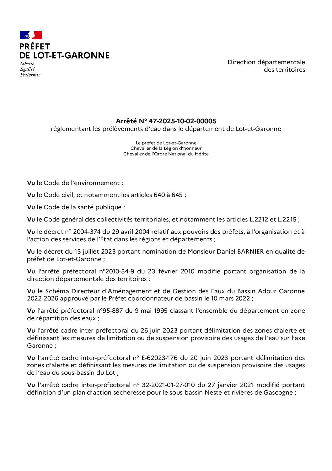 Arrêté préfectoral n° 47-2025-10-02-00005