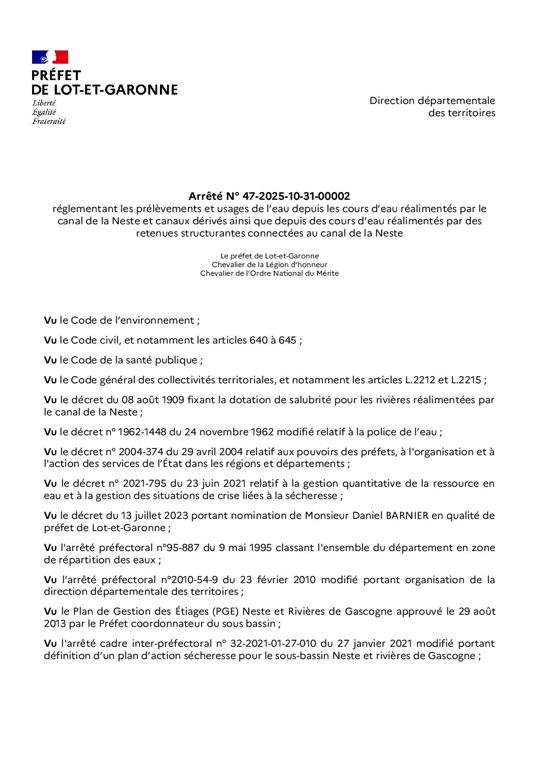Arrêté préfectoral n° 47-2025-10-31-00002