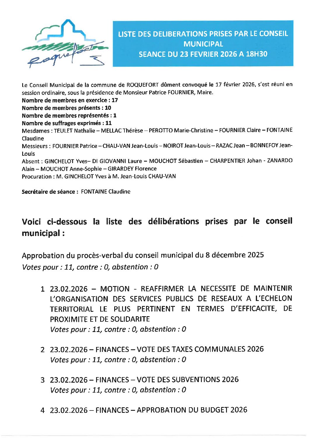 Liste des délibérations prises lors du conseil municipal du 23 février 2026