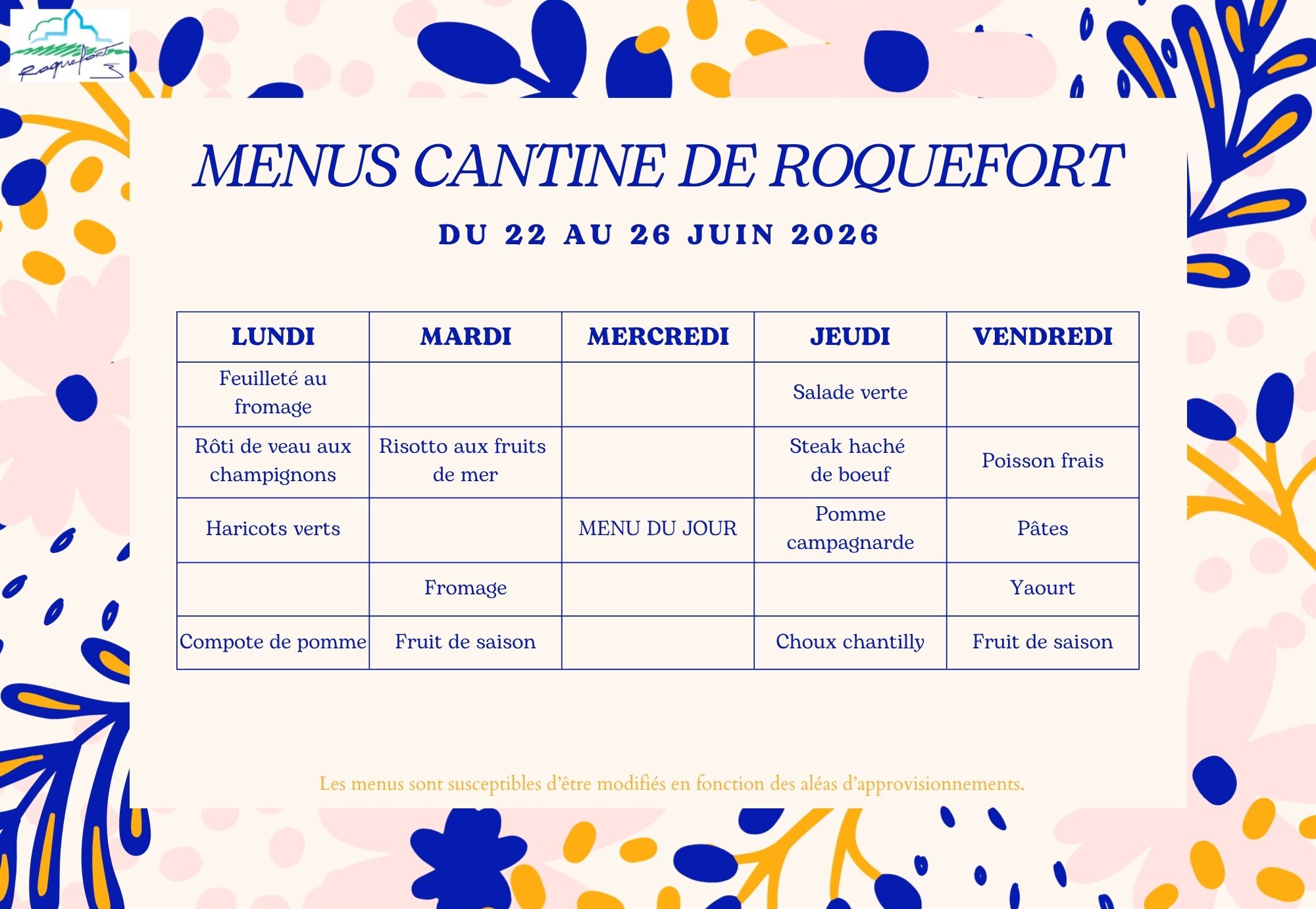 menu cantine de roquefort du 22 au 29 juin 2026