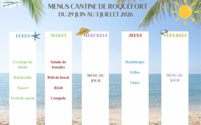 Menu cantine Roquefort semaine du 29 juin au 3 juillet 2026