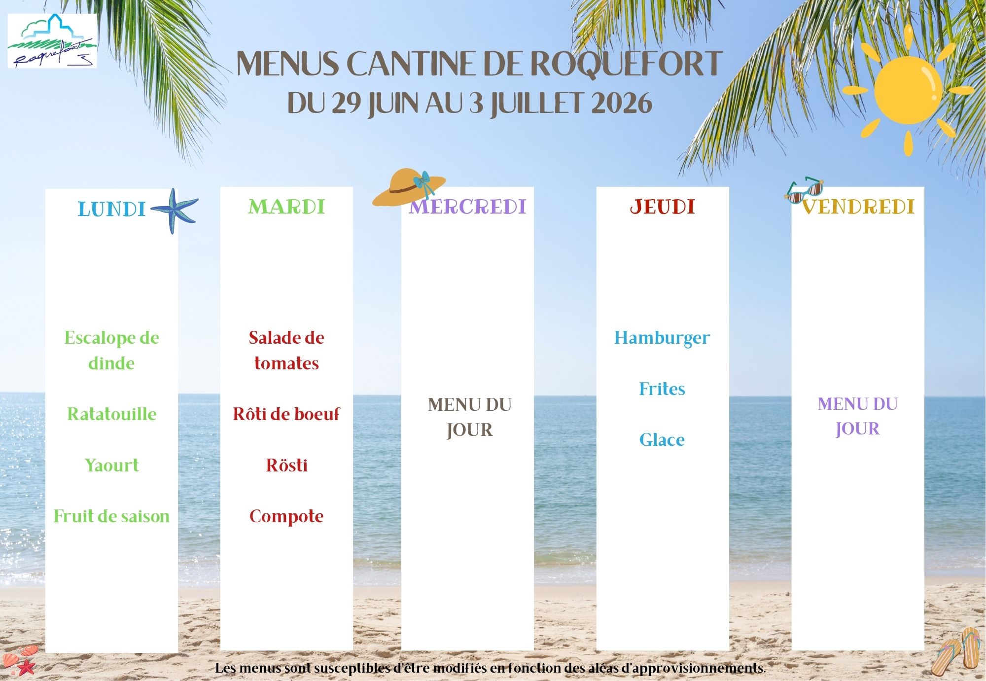 menu cantine de roquefort du 22 au 29 juin 2026