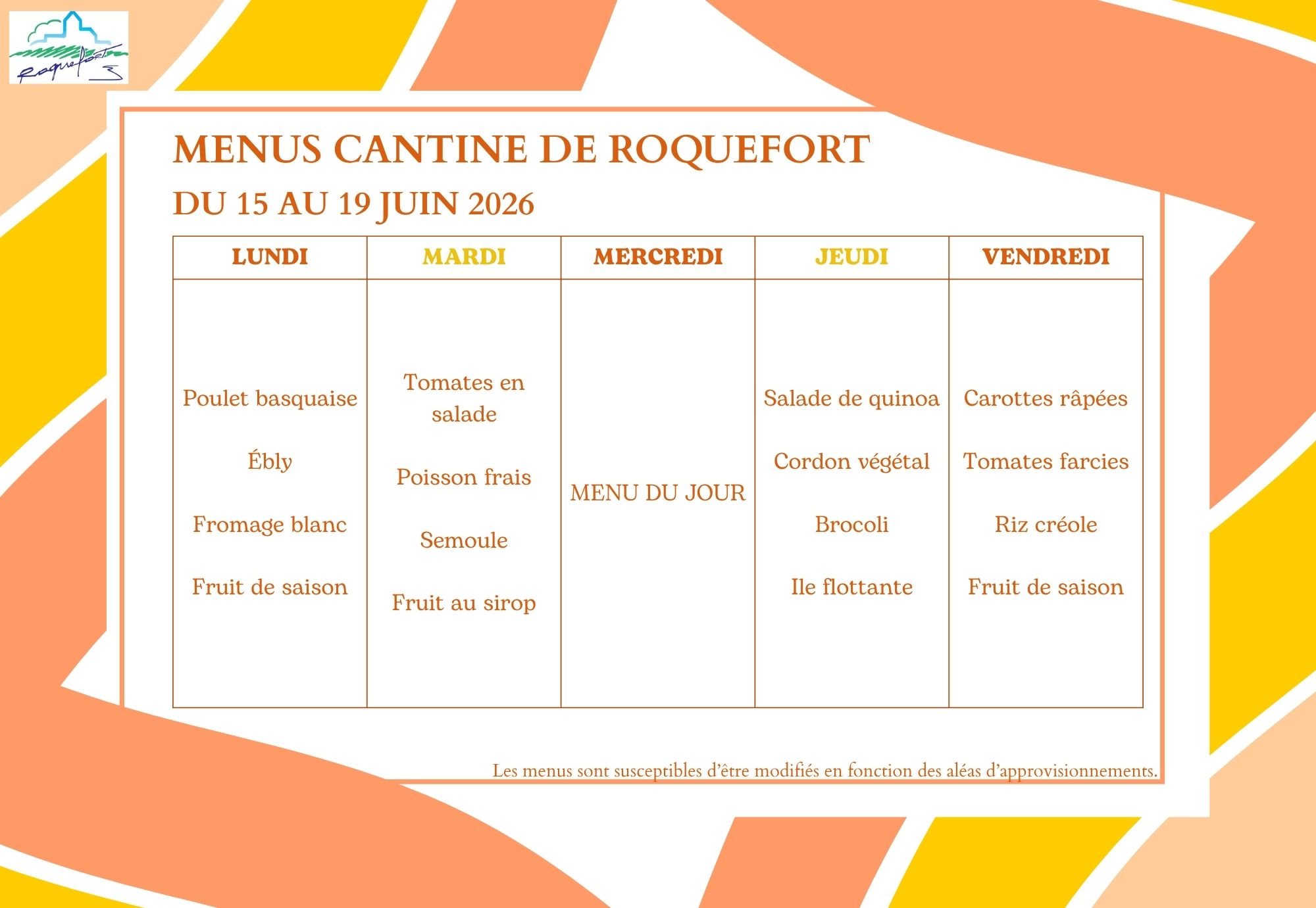 Menu de cantine du 15 au 19 juin 2026