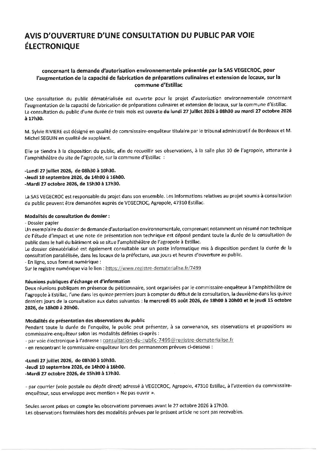 Avis d’ouverture consultation du public SAS VEGECROC