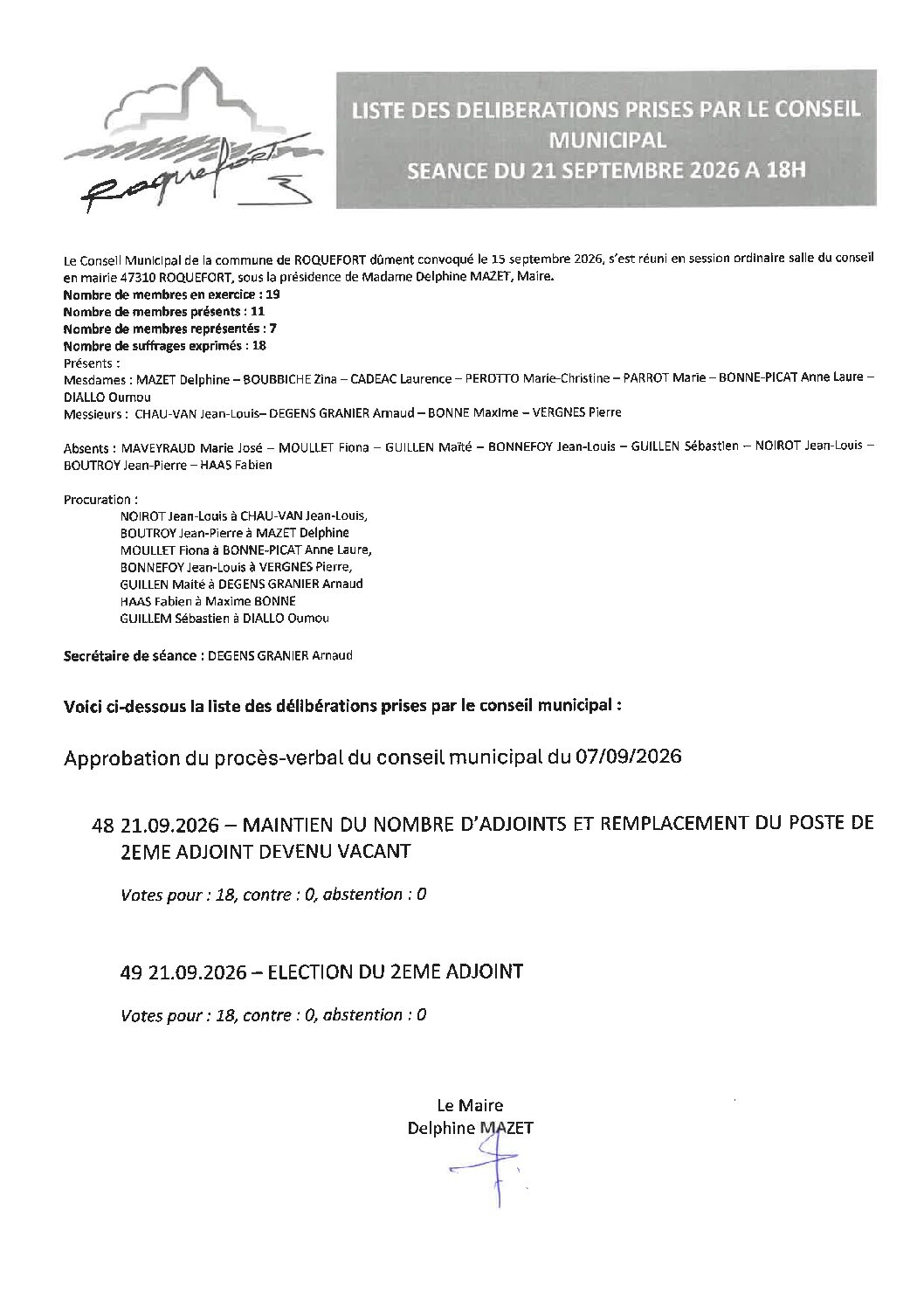 Liste des délibérations prises du 21-09-2026