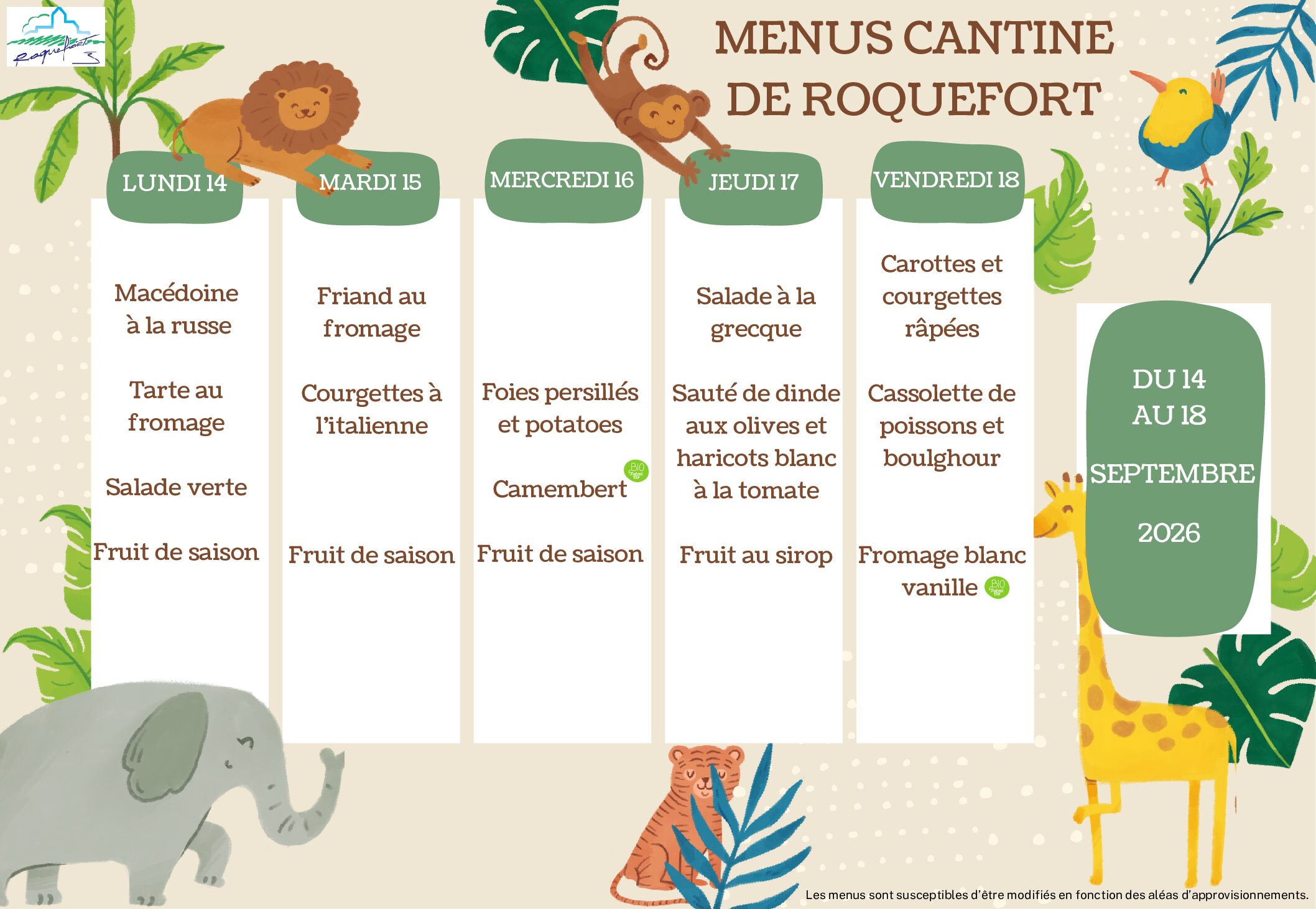 Menu cantine du lundi 14 au vendredi 18 septembre 2026