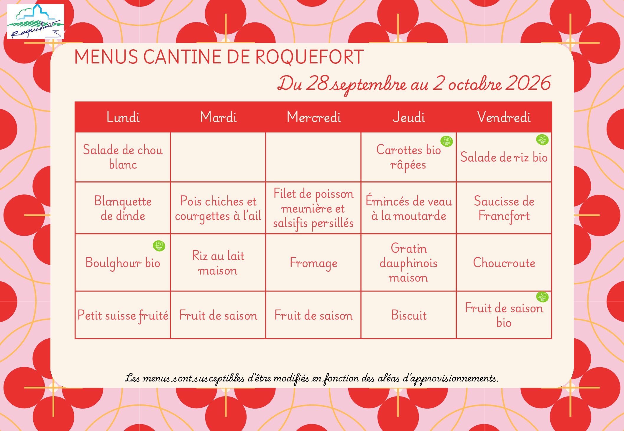 Menu cantine du lundi 28 septembre au vendredi 02 octobre 2026