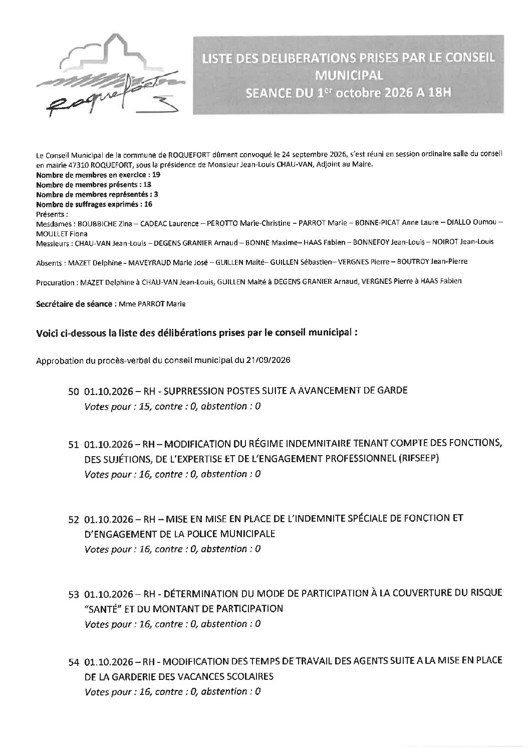 Liste des délibérations prises du 01-10-2026
