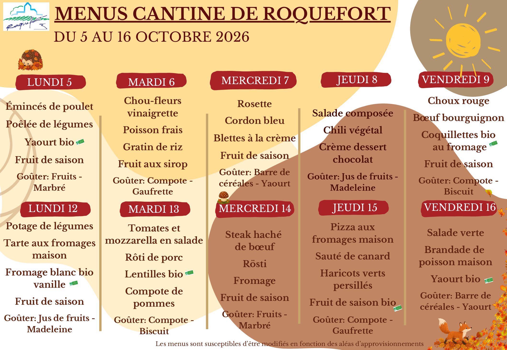 Menu cantine du lundi 05 octobre au vendredi 16 octobre 2026
